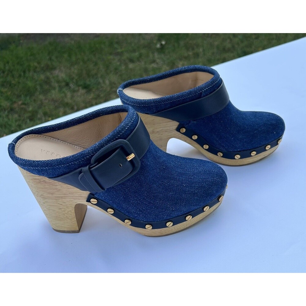VERONICA BEARD Dacey Denim Clogs Blue Stud Size 5 Buckle Strap Wooden Heel NWOB